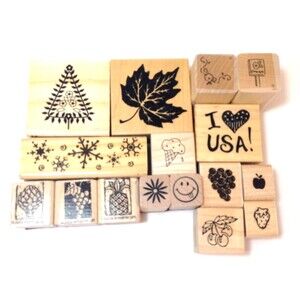 Lot of 16 Wood Mounted Rubber Stamps Assorted Stamping Crafts